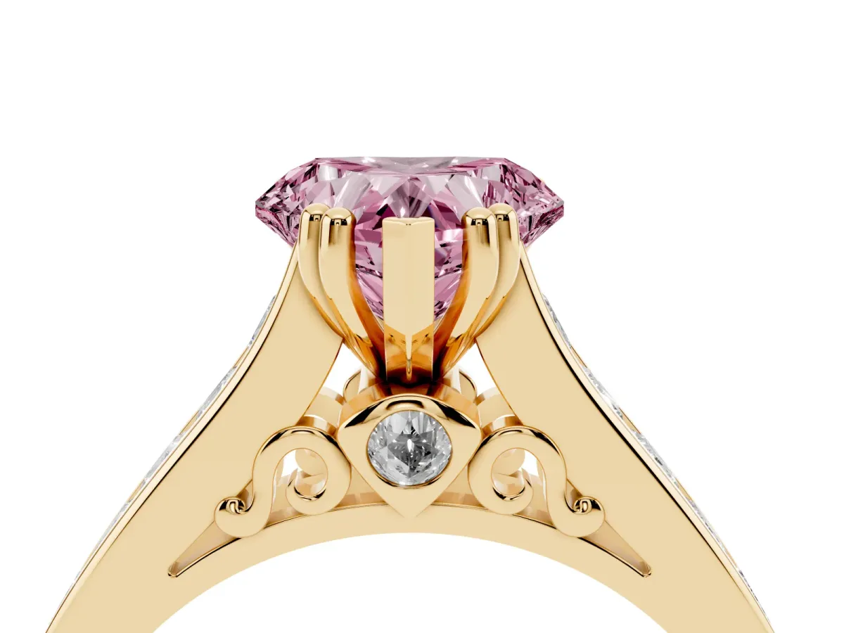 Fancy Pink Heart Cut Cut Channel Set Solitaire Engagement Ring with Prong Setting Yellow gold