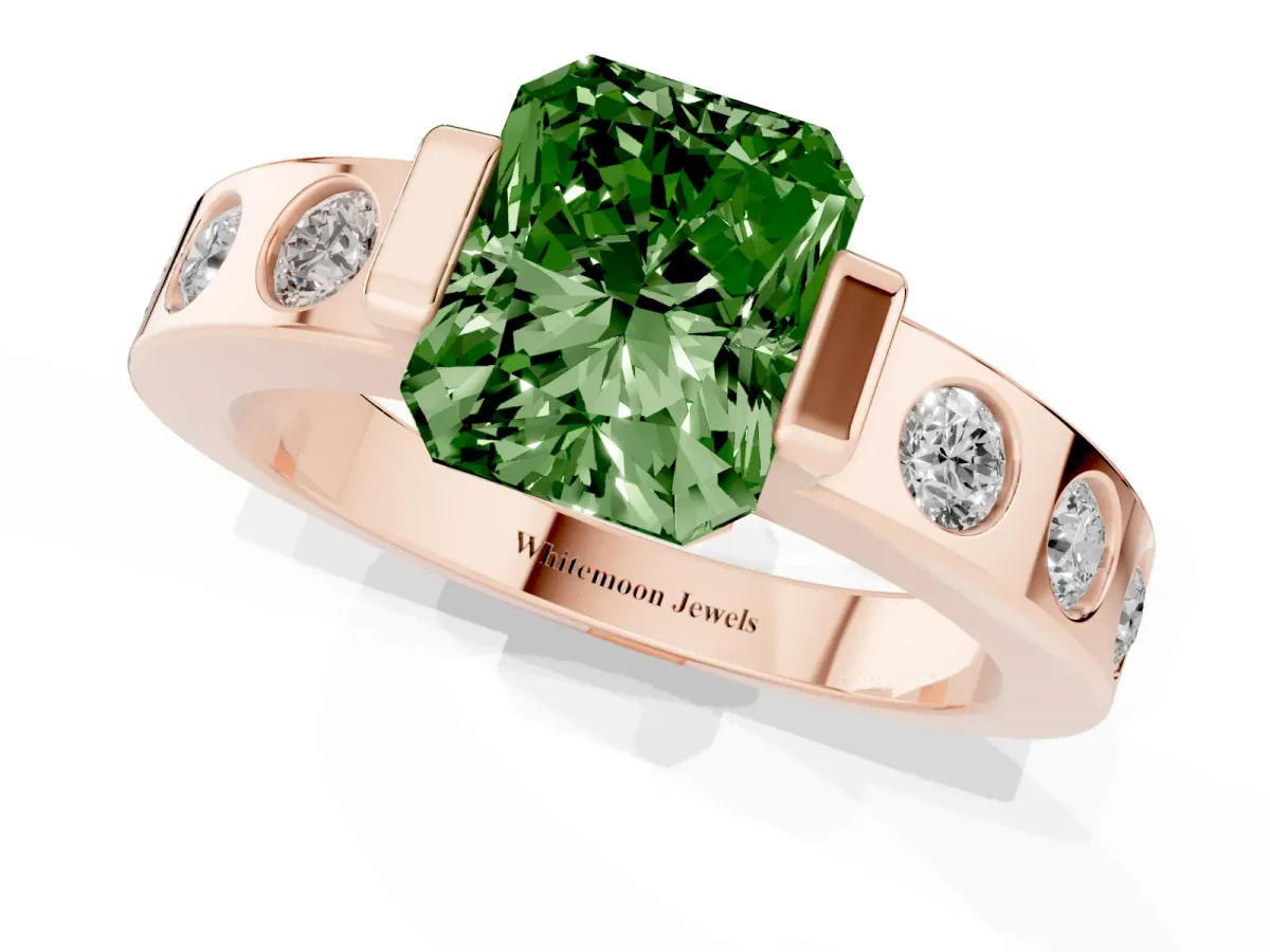 Fancy Green Radiant Cut Brilliant Channel-Set Diamond Ring with Bezel Prong Setting Rose gold