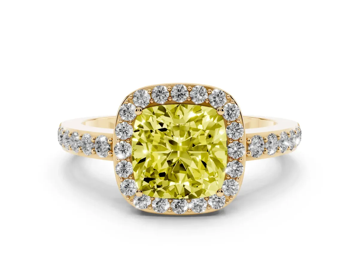 Fancy Yellow Cushion Cut Halo Diamond Pavé Band Ring with Prong Setting Yellow gold