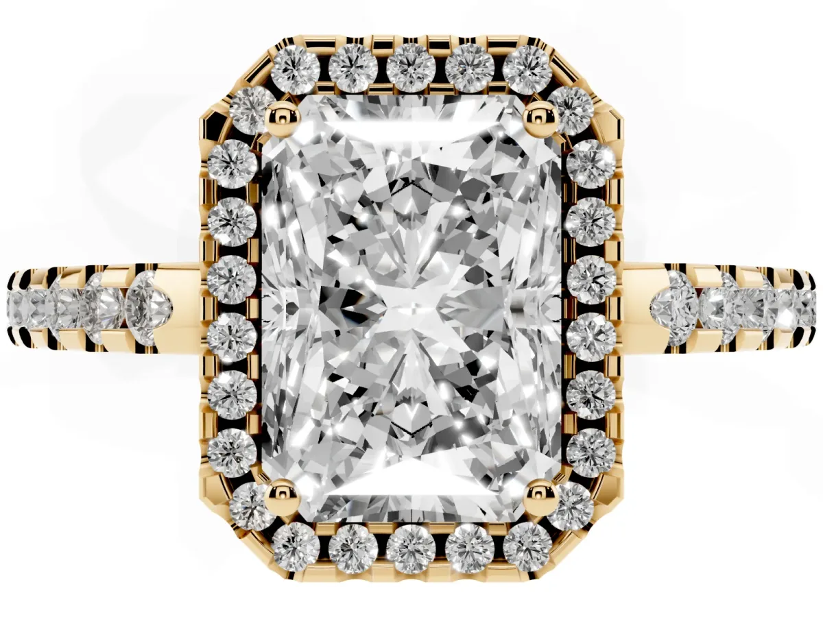 Radiant Cut Diamond Halo Engagement Ring with Pavé Band and Prong Setting Yellow gold