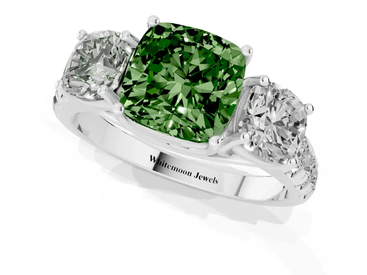 Fancy Green Three-Stone Cushion Cut Diamond Pavé Band with Prong Setting Silver