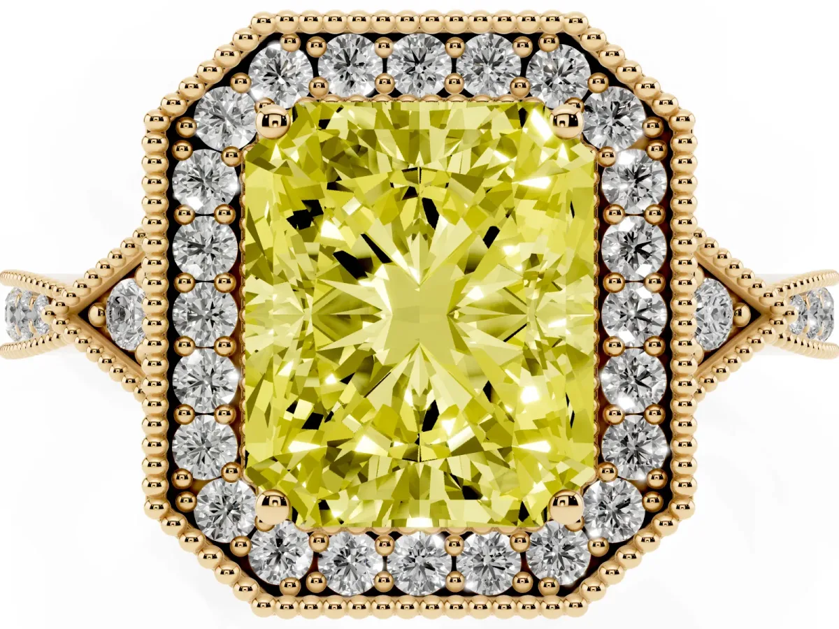 Fancy Yellow Radiant Cut Halo Round Diamond Milgrain Pave Engagement Ring Yellow gold