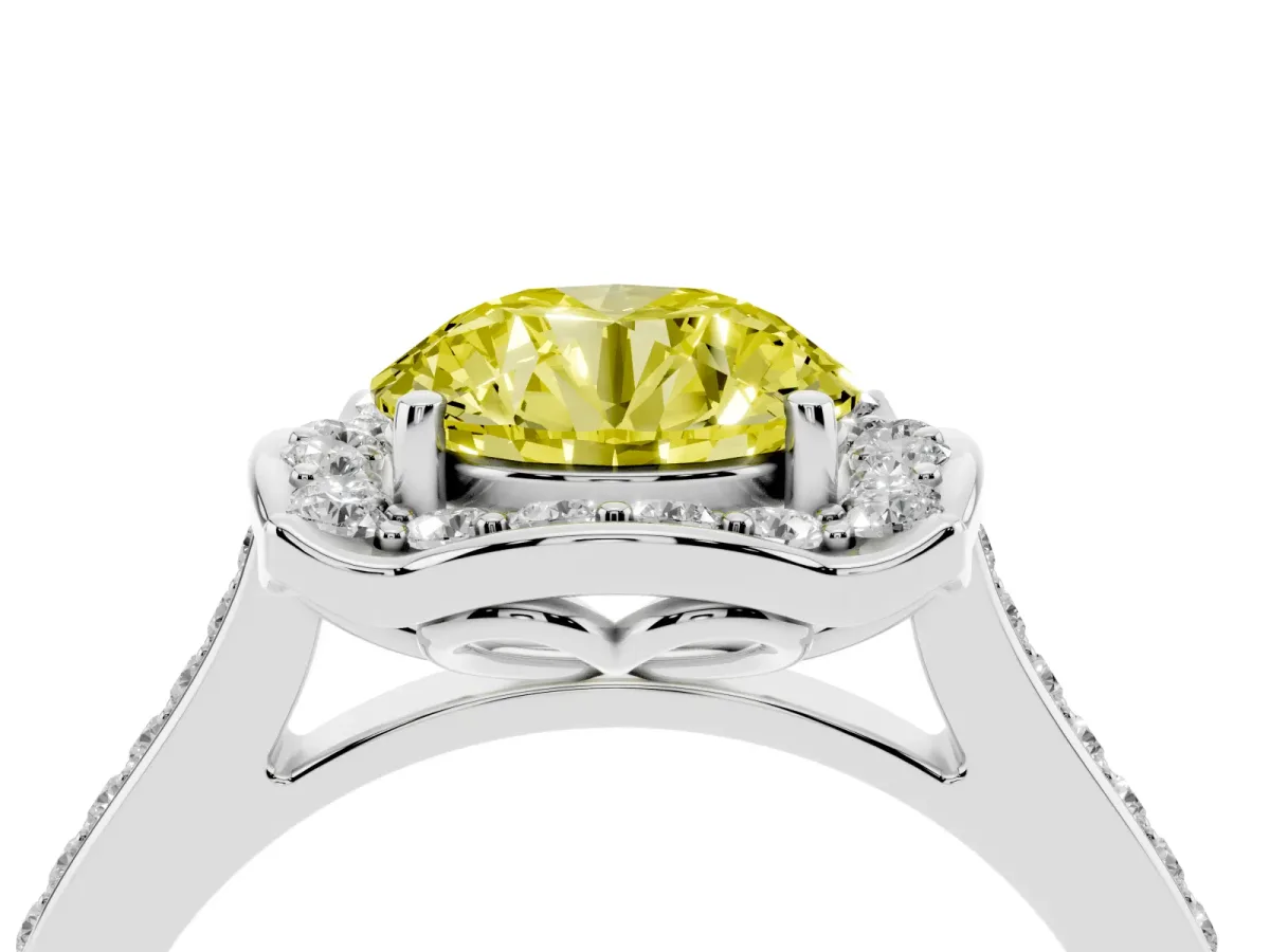 Fancy Yellow Round Cut Halo Round Diamond Pave Band with Four-Prong Setting Platinum