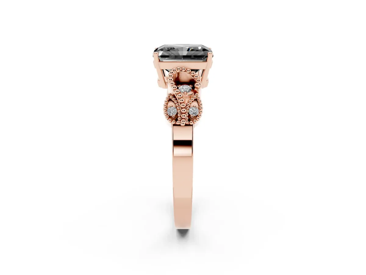 Fancy Black Radiant Cut Solitaire Milgrain Leaf Band with Prong Setting Rose gold