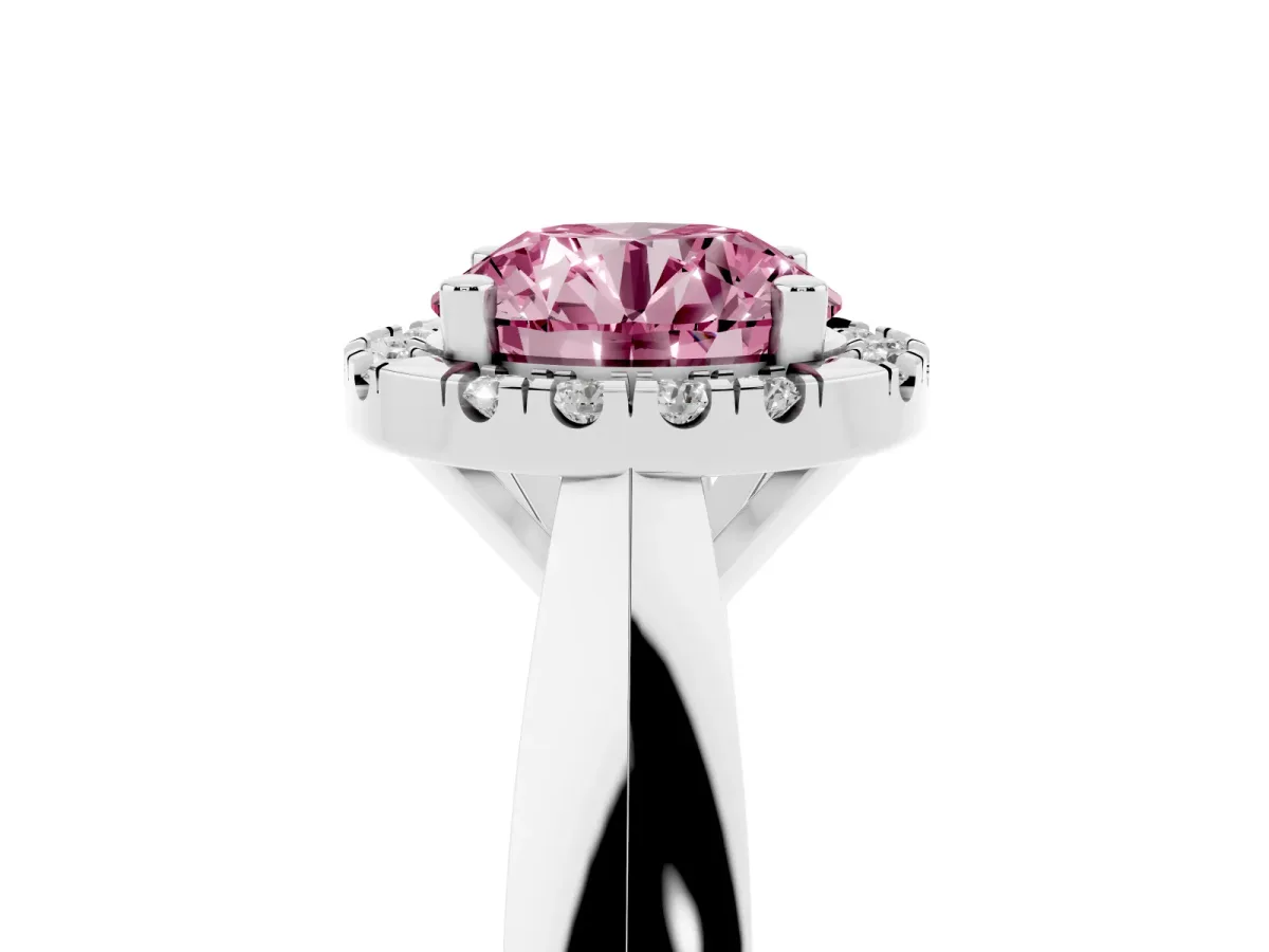 Fancy Pink Round Cut Cut Halo Solitaire Engagement Ring with Square Band and Four-Prong Setting Silver