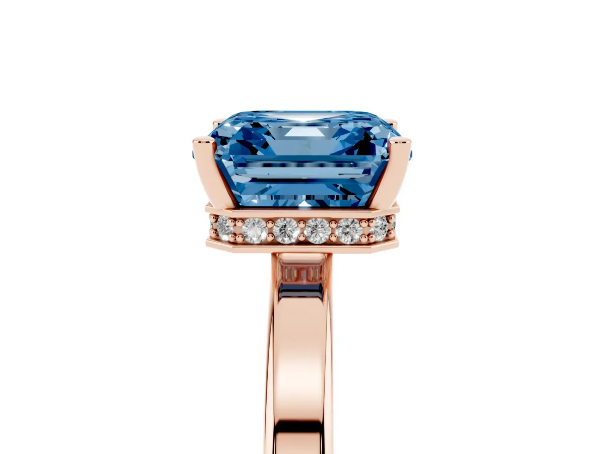 Fancy Blue Asscher Cut Cut Solitaire Engagement Ring with Four-Prong Setting on a Classic Band Rose gold