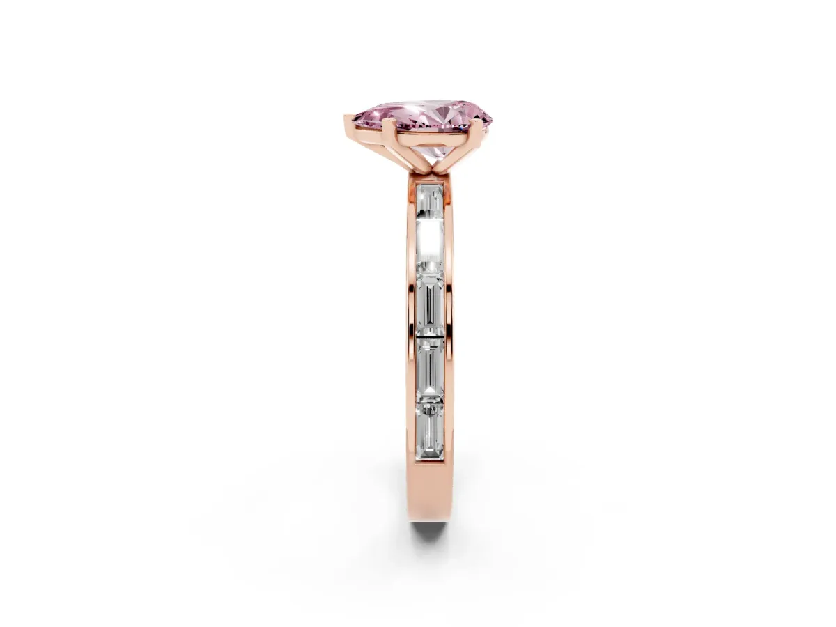 Fancy Pink Pear Cut Solitaire Diamond Ring with Channel-Set Baguette Band and Four-Prong Setting Rose gold