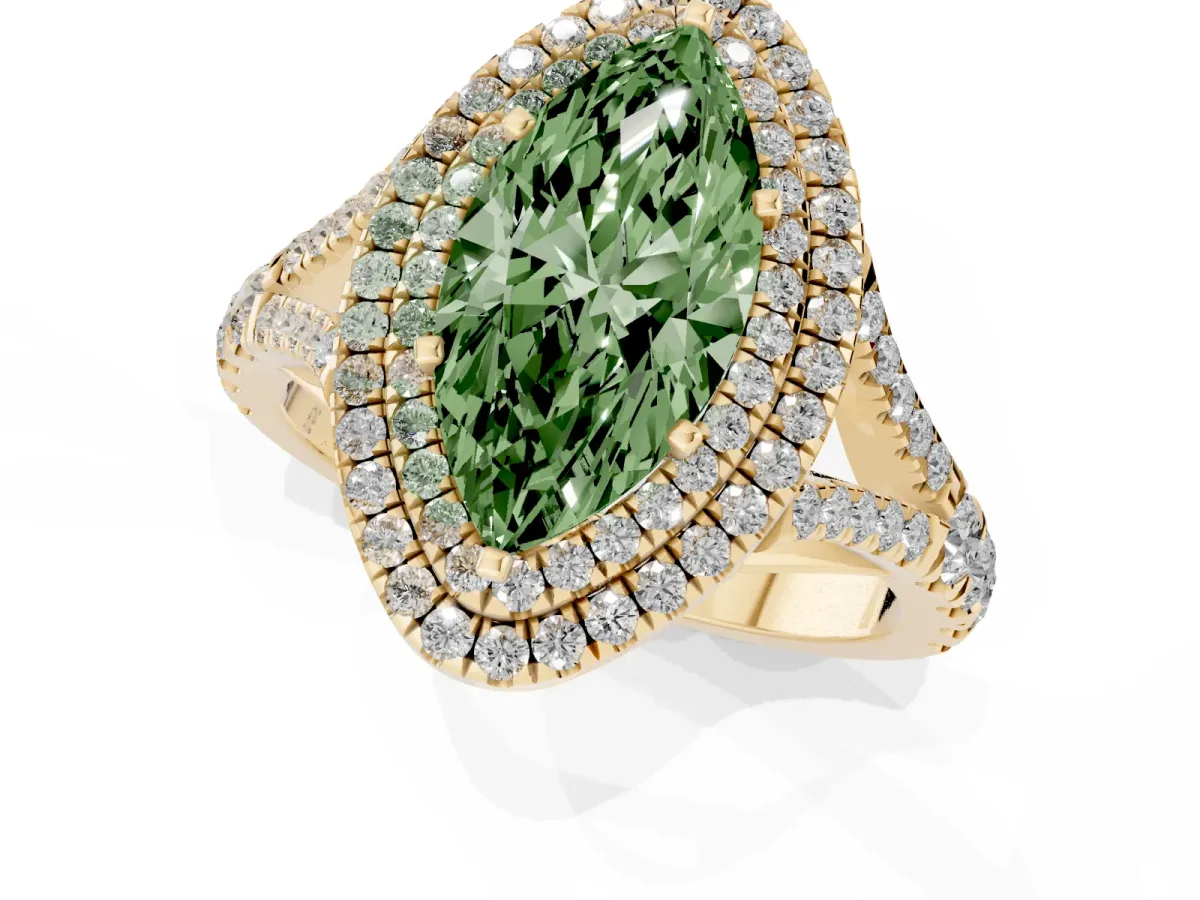 Fancy Green Double Halo Marquise Cut Diamond Split Shank Engagement Ring with Four-Prong Setting Yellow gold