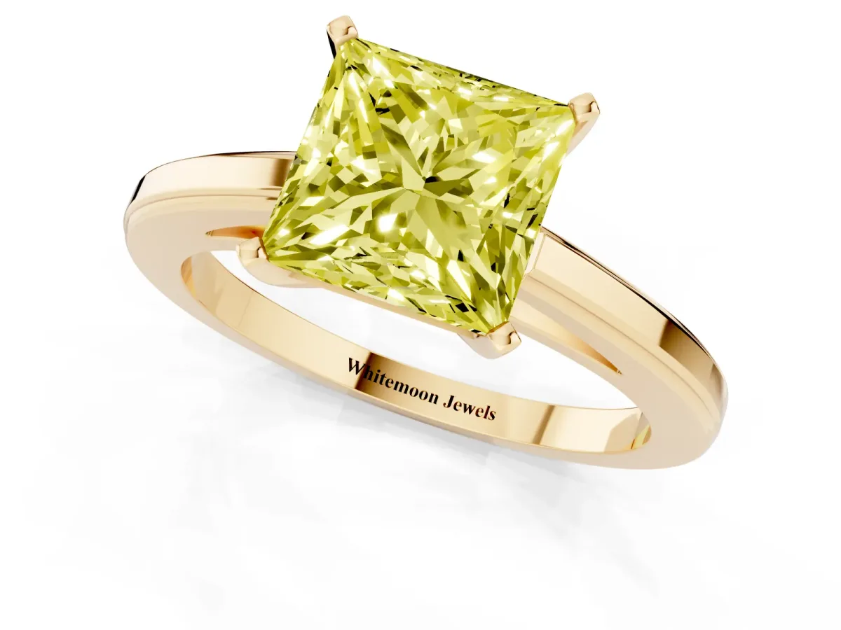 Fancy Yellow Princess Cut Solitaire Diamond Ring with Four-Prong Setting and Classic Band Yellow gold