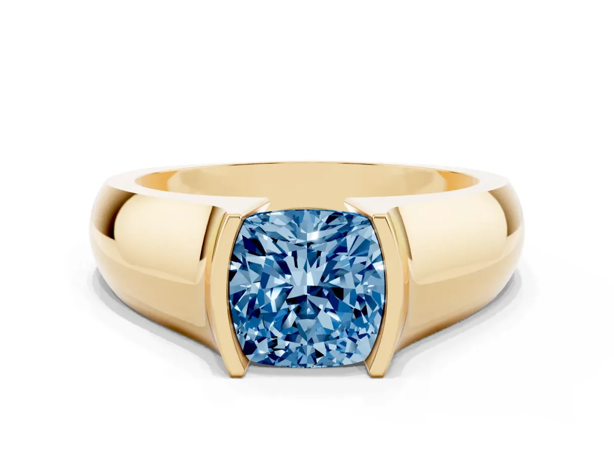 Fancy Blue Cushion Cut Solitaire Bezel Set Diamond Ring with Wide Band Yellow gold