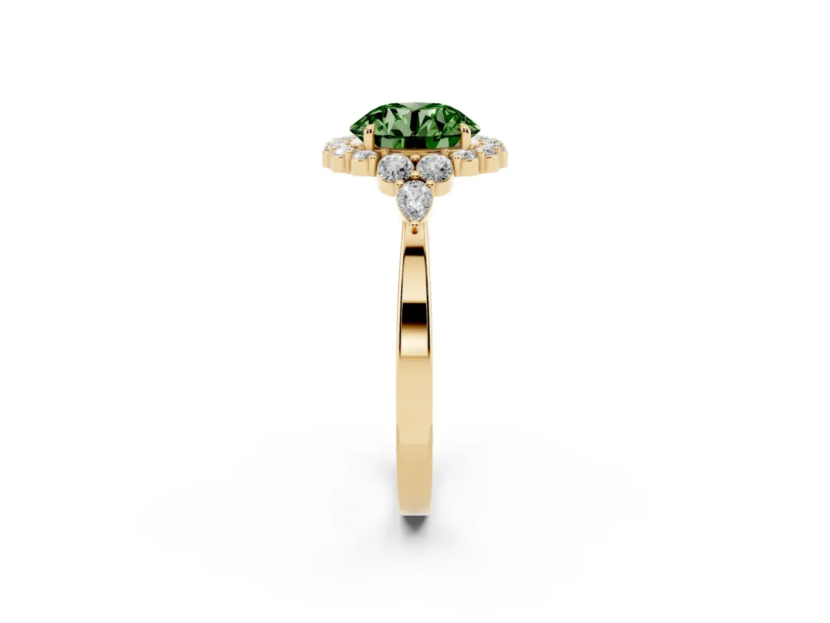 Fancy Green Round Cut Diamond Halo Ring with Pear Side Stones and Prong Setting Yellow gold