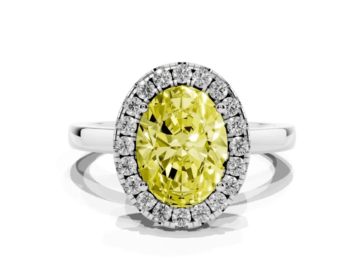 Fancy Yellow Oval Cut Halo Diamond Solitaire with Pavé Band and Four-Prong Setting Platinum