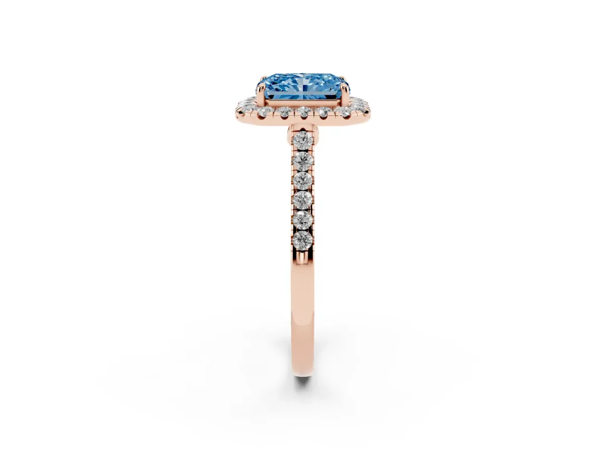 Fancy Blue Radiant Cut Halo Pave Diamond Engagement Ring with Four-Prong Setting Rose gold