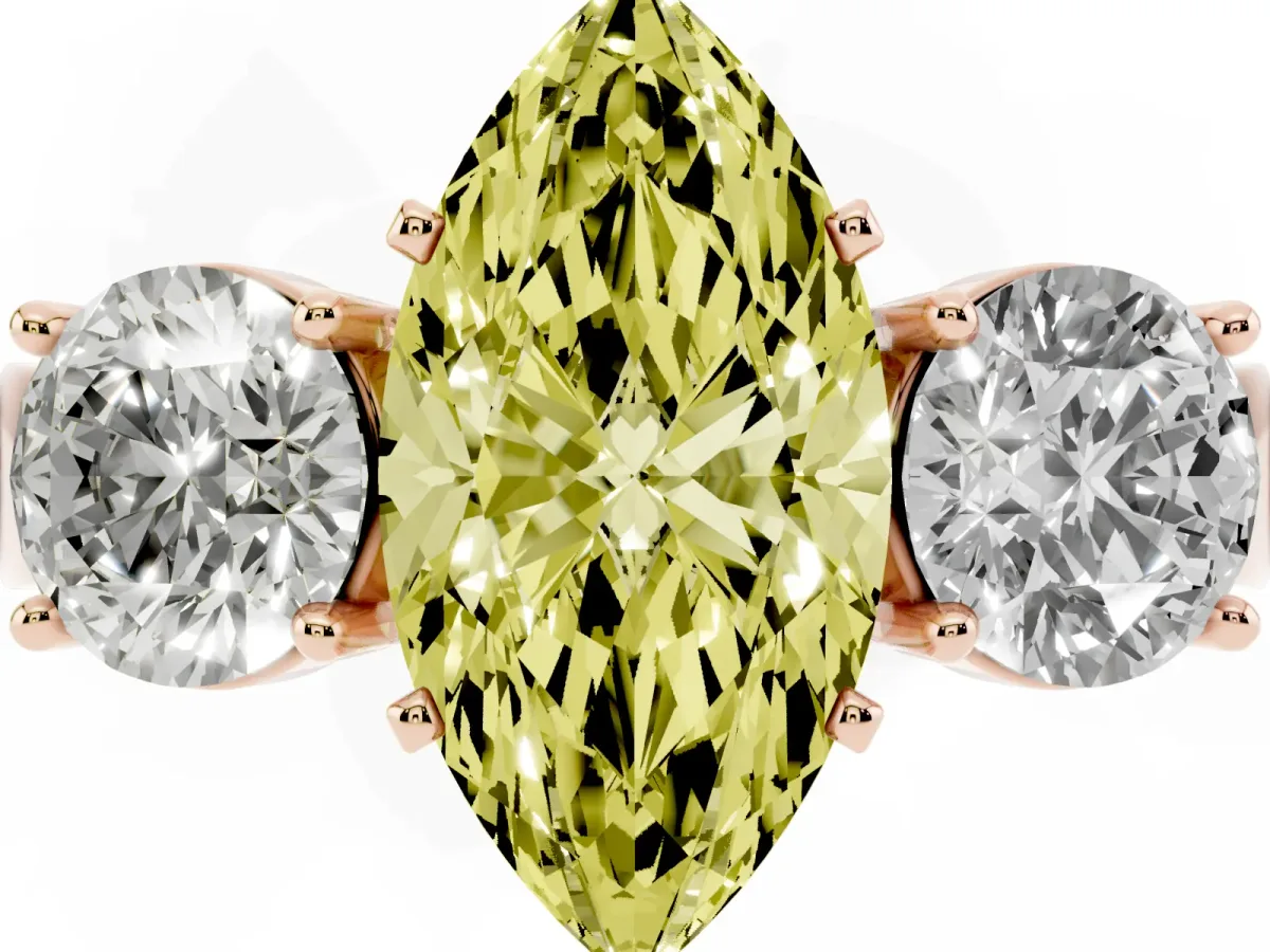 Fancy Yellow Three-Stone Marquise Cut Diamond Ring with Round Side Stones, Classic Band, and Four-Prong Setting Rose gold