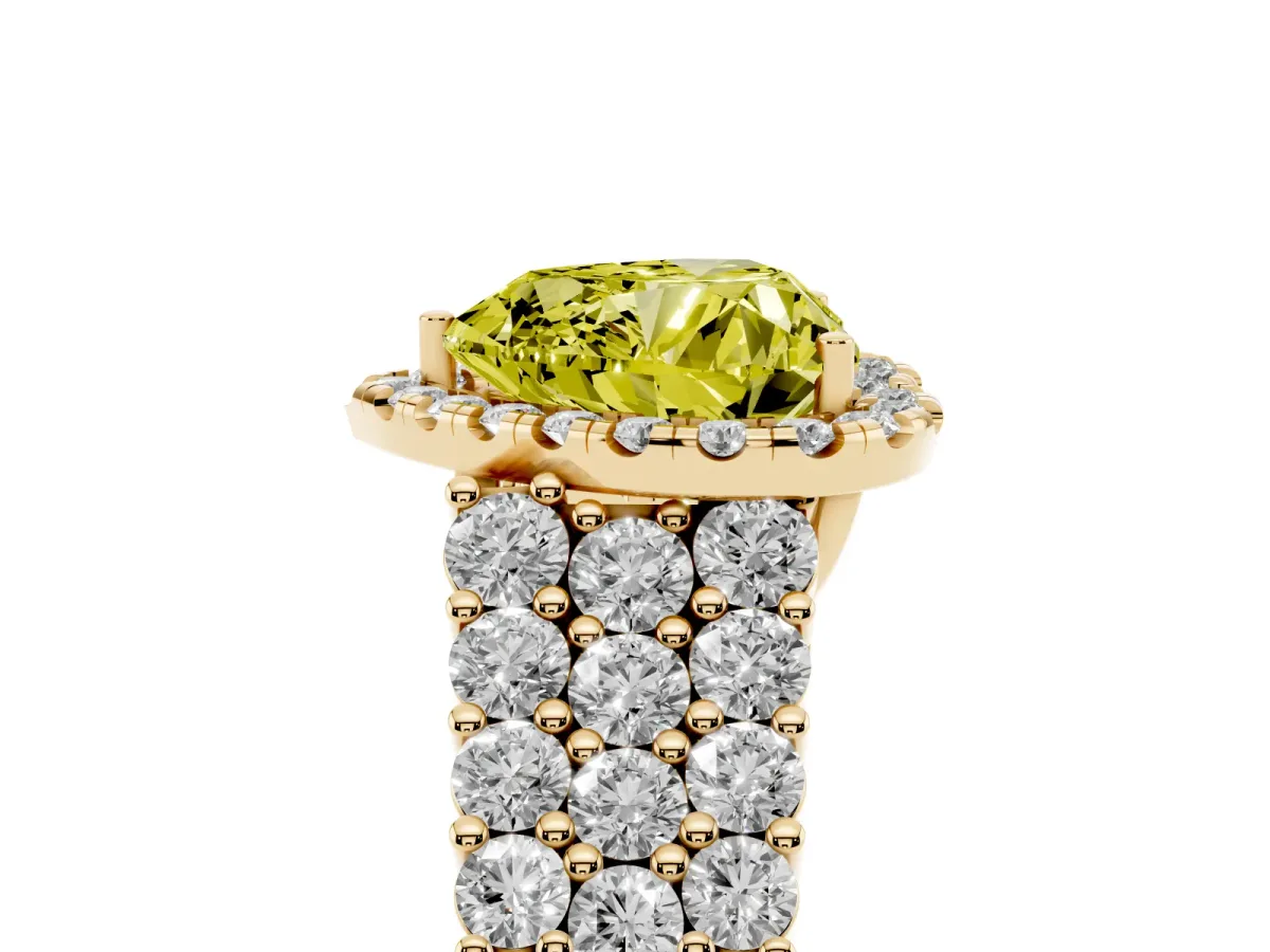 Fancy Yellow Heart Cut Diamond Halo Engagement Ring with Triple Row Round Pavé Band and Prong Setting Yellow gold