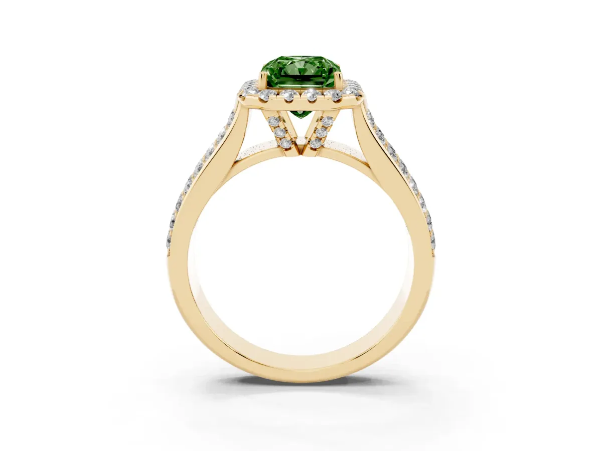 Fancy Green Radiant Cut Halo Round Diamond Pave Band with Prong Setting Yellow gold