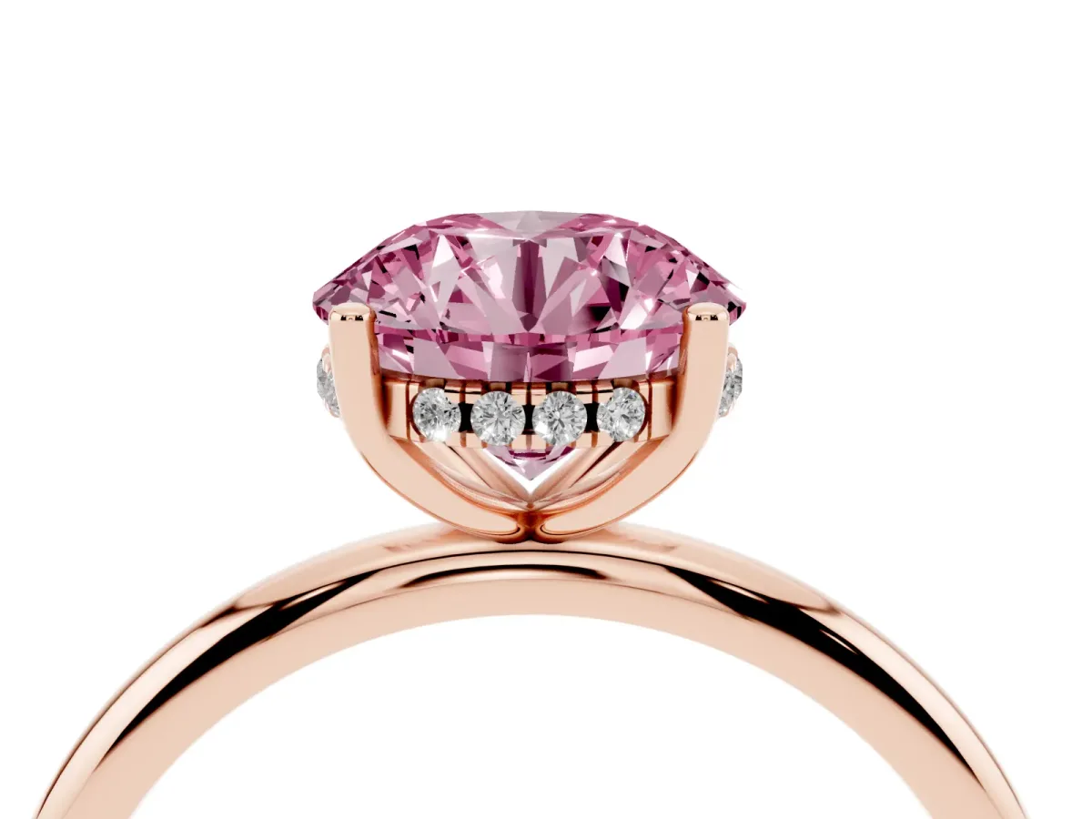 Fancy Pink Round Cut Cut Solitaire Engagement Ring with Four-Prong Setting and Classic Band Rose gold