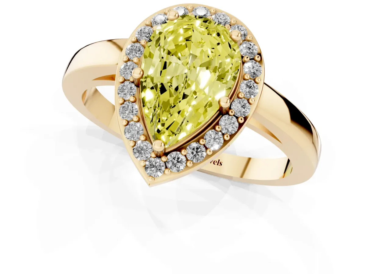 Fancy Yellow Pear Cut Halo Diamond Ring with Solitaire Band and Prong Setting Yellow gold