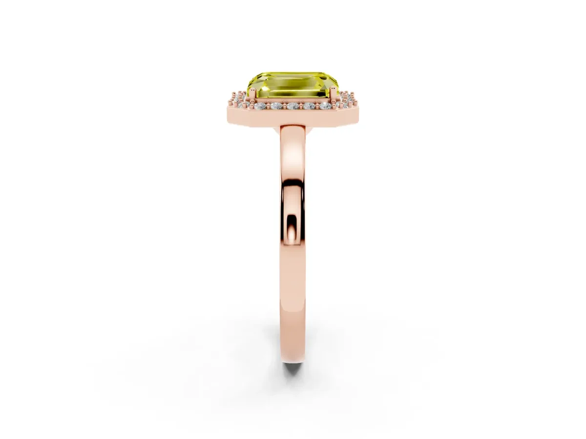 Fancy Yellow Radiant Cut Halo Diamond Ring with Solitaire Band and Prong Setting Rose gold