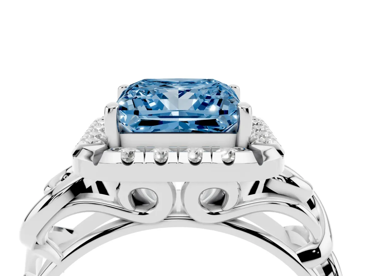 Fancy Blue Princess Cut Cut Halo Diamond Ring with Scrollwork Band and Four-Prong Setting Silver