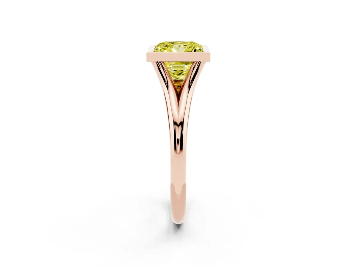 Fancy Yellow Bezel Set Princess Cut Cut Solitaire Ring with Tapered Band Rose gold
