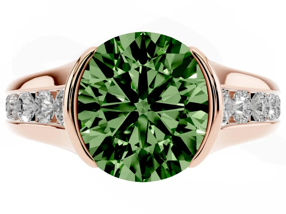 Fancy Green Round Cut Solitaire Bezel-Set Diamond Ring with Channel-Set Band Rose gold