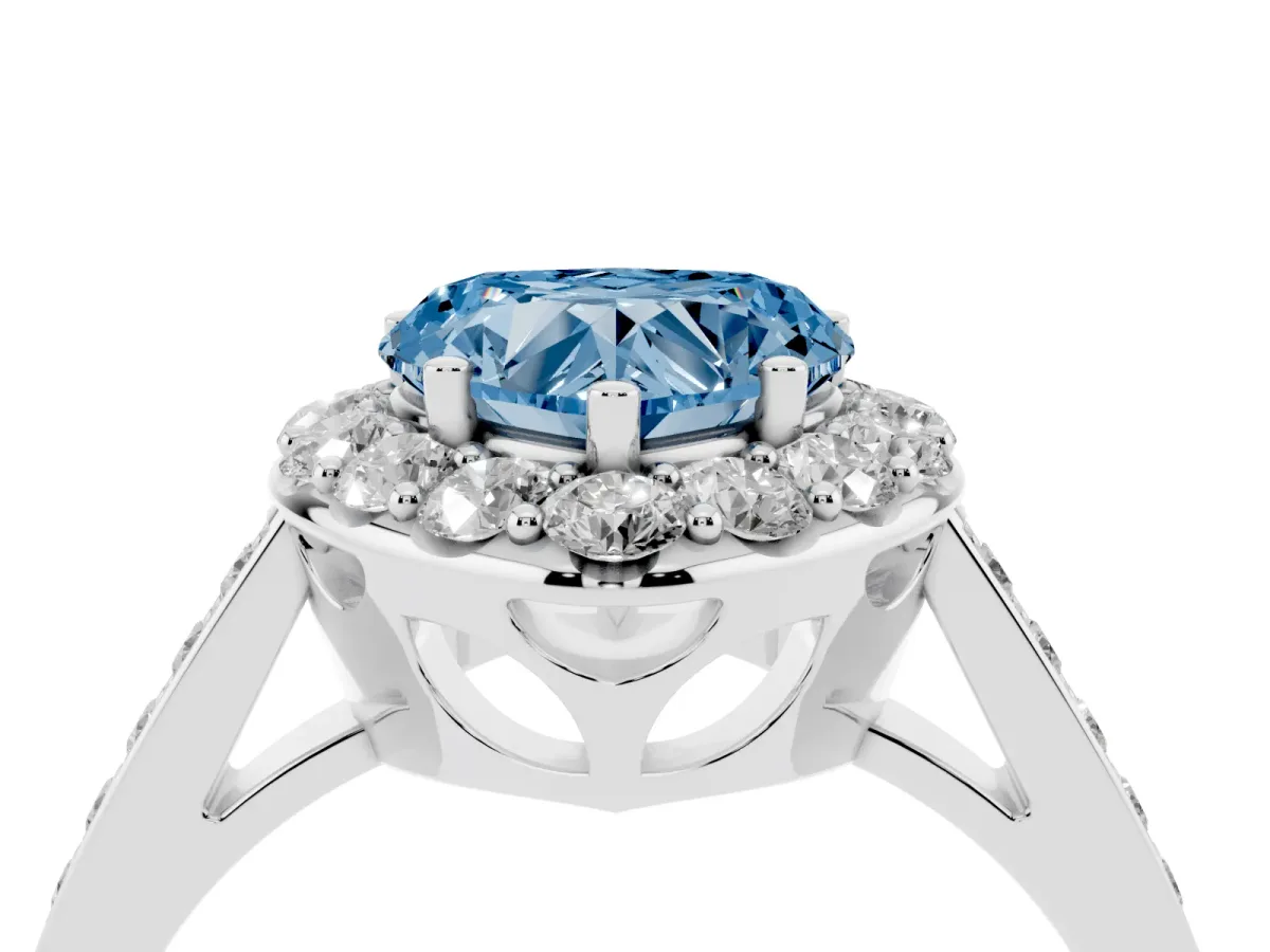 Fancy Blue Heart Cut Diamond Floral Halo Ring with Pavé Band and Prong Setting White gold