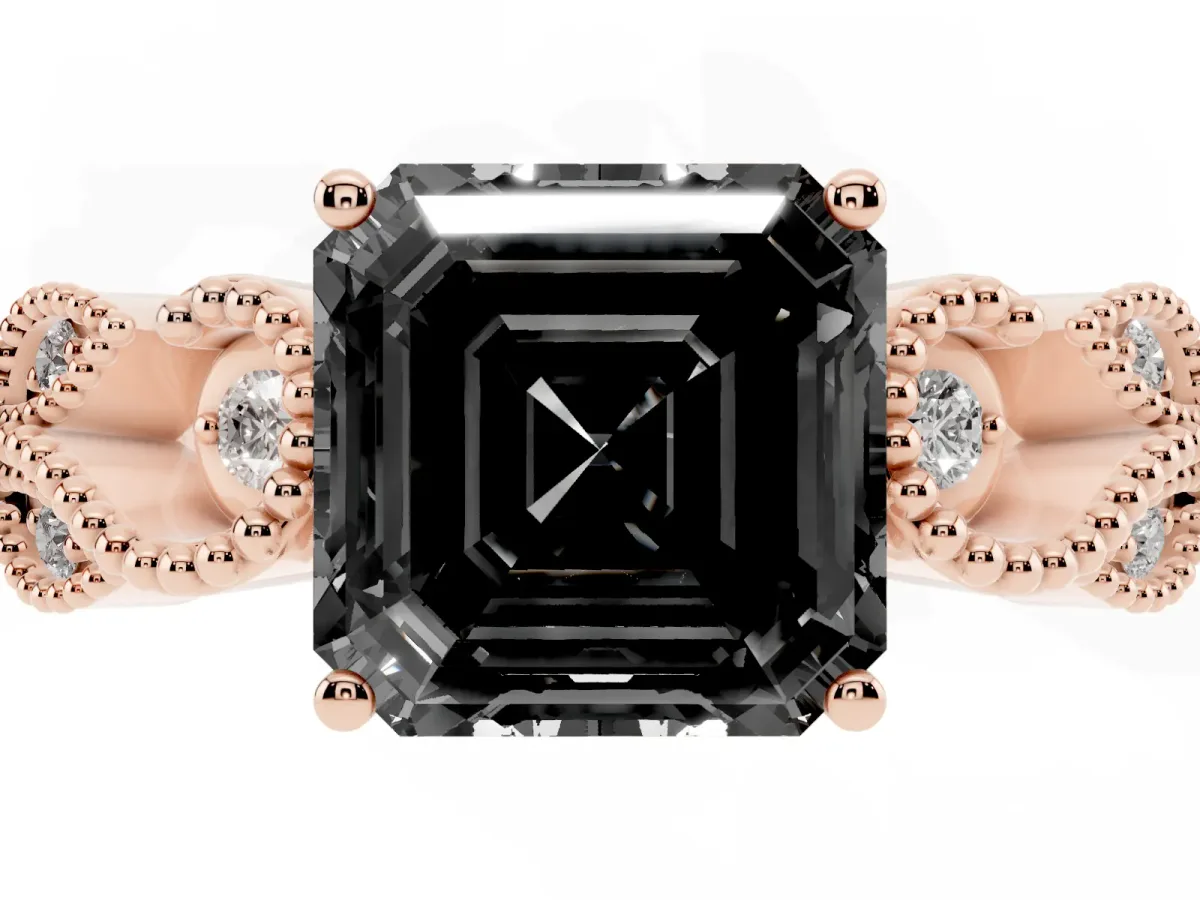 Fancy Black Asscher Cut Solitaire Milgrain Leaf Band with Prong Setting Rose gold