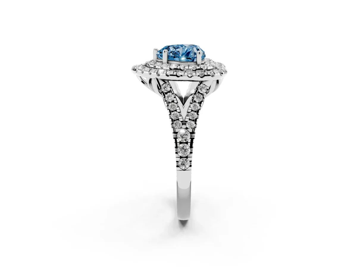 Fancy Blue Double Halo Heart Cut Diamond Pavé Split Shank Ring with Prong Setting Platinum