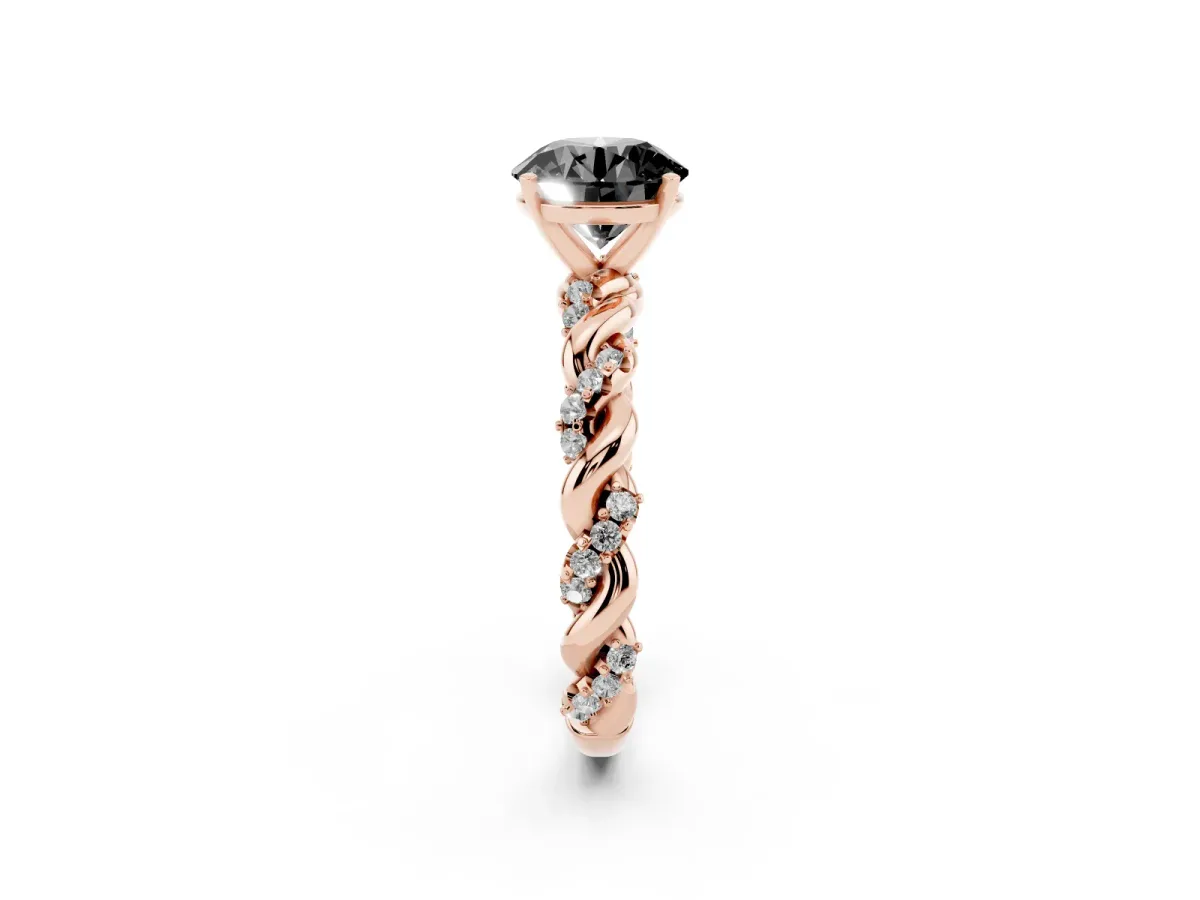 Fancy Black Round Cut Diamond Solitaire Ring with Twisted Band and Pavé Accents Rose gold