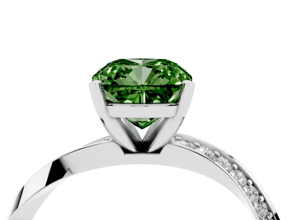 Fancy Green Cushion Cut Diamond Engagement Ring with Side Stone Accents and Four-Prong Setting Silver