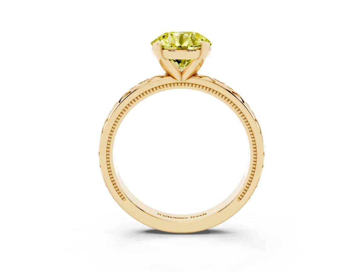 Fancy Yellow Round Cut Solitaire Engagement Ring with Scrollwork Band and Four-Prong Setting Yellow gold