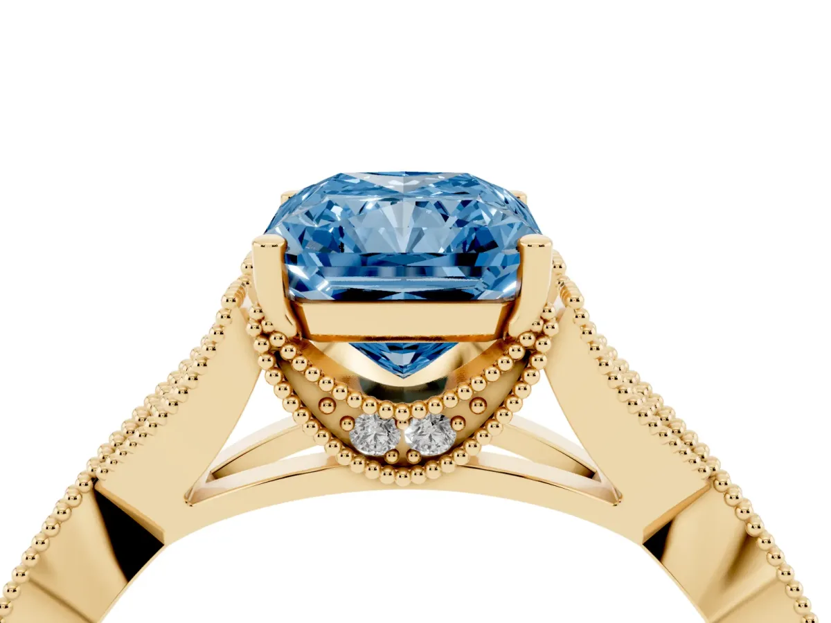 Fancy Blue Radiant Cut Cut Diamond Twisted Band with Milgrain Pave Setting and Four-Prong Setting Yellow gold