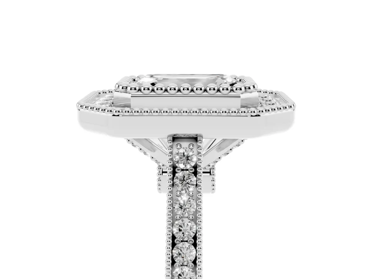 Emerald Cut Diamond Halo Ring with Milgrain Frame and Pavé Band Silver