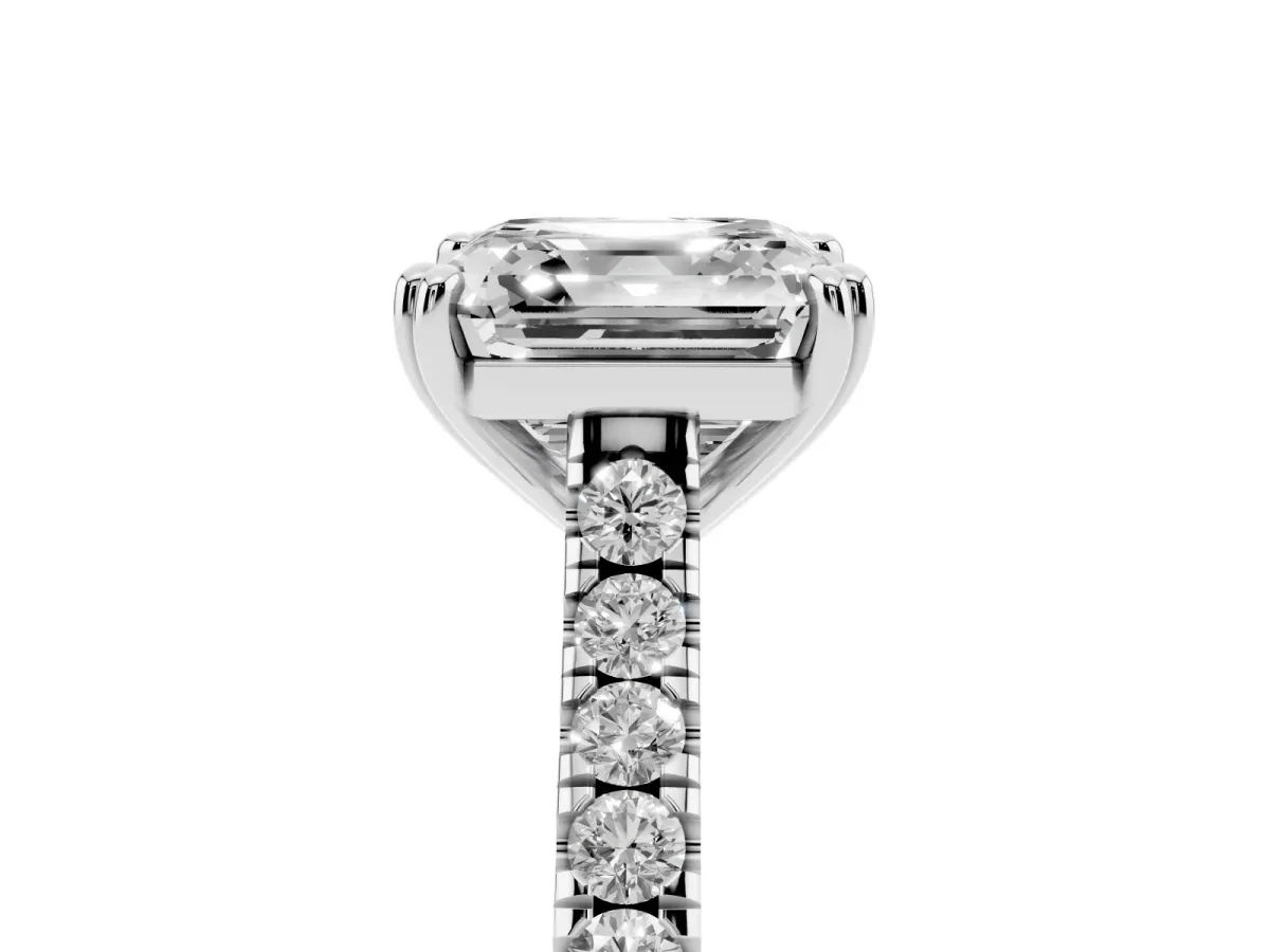 Asscher Cut Solitaire Pave Diamond Engagement Ring with Prong Setting Silver