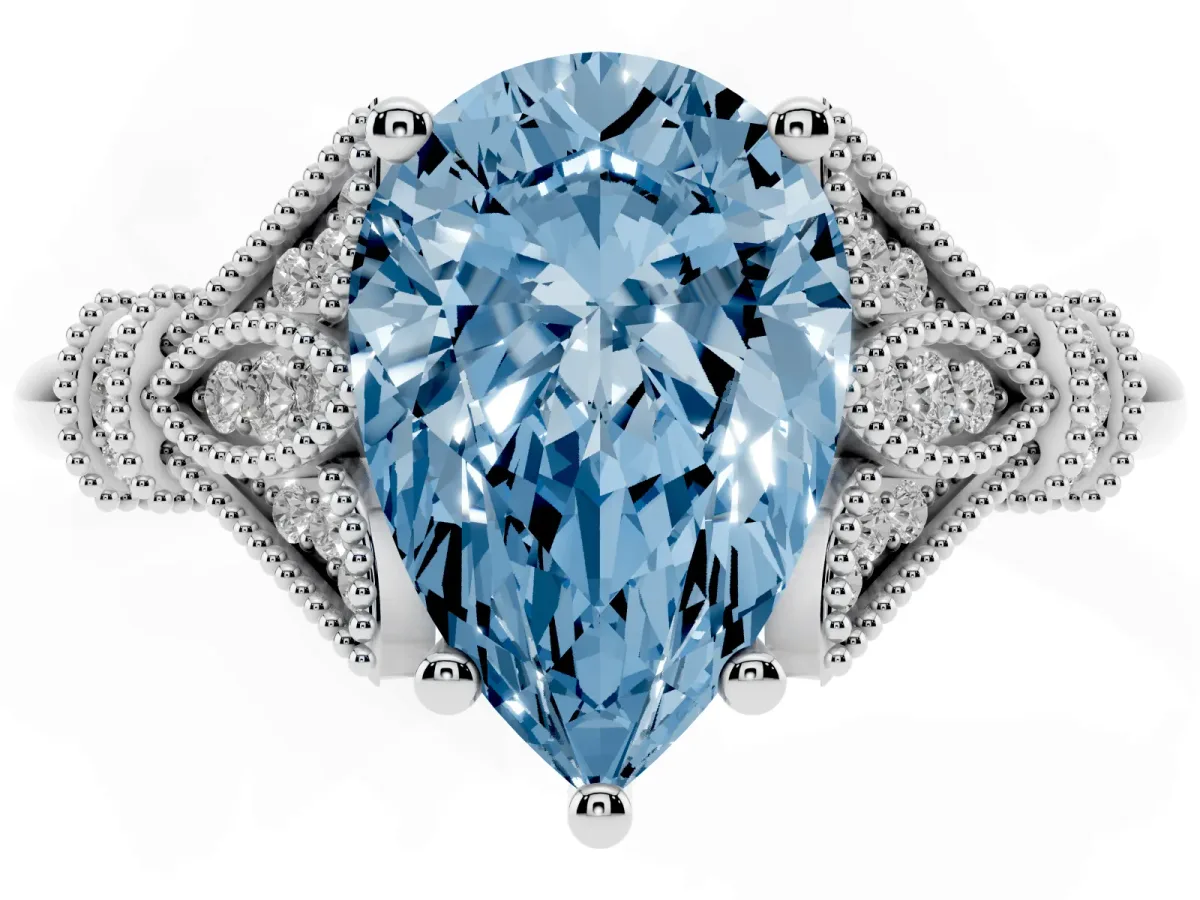 Fancy Blue Pear Cut Diamond Solitaire Ring with Floral Filigree and Pave Accents Silver