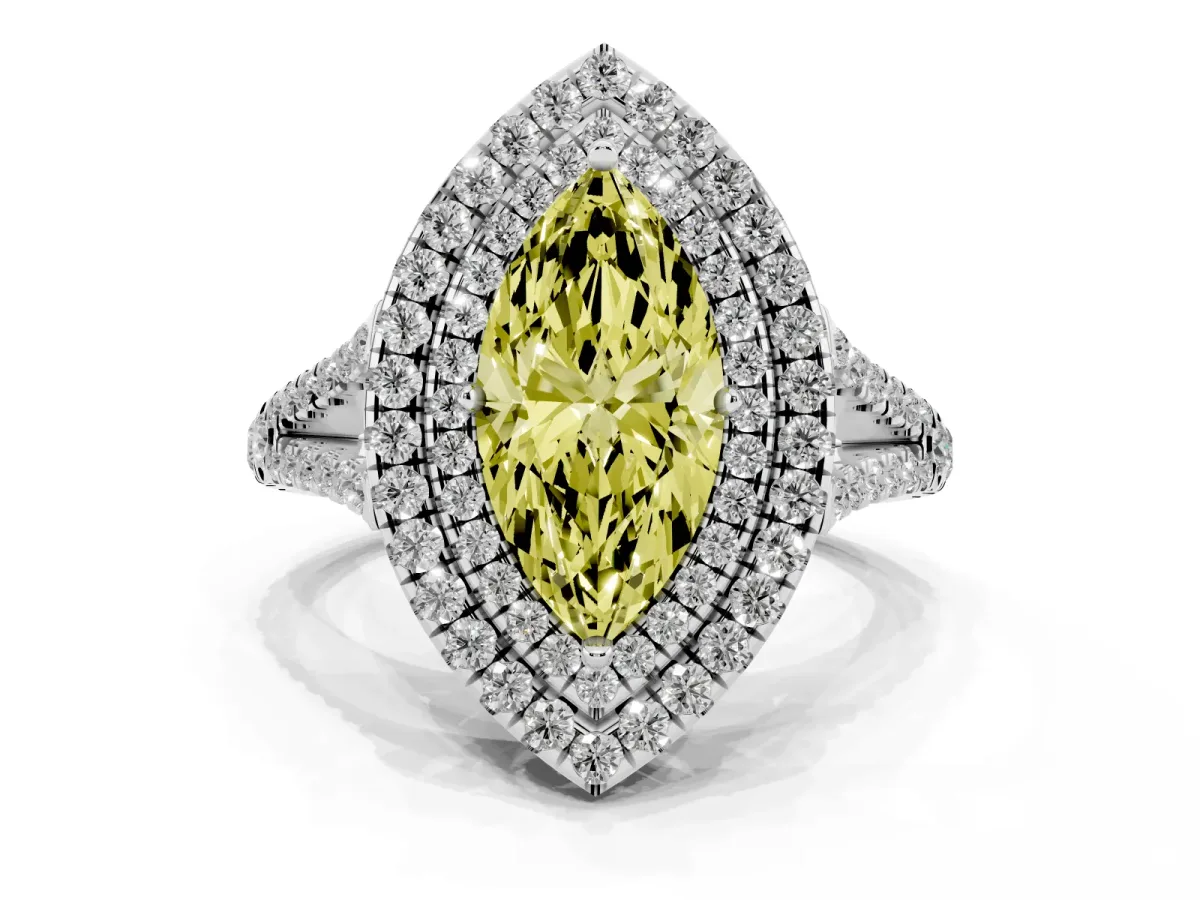 Fancy Yellow Marquise Cut Diamond Double Halo Ring with Pavé Band and Prong Setting Platinum