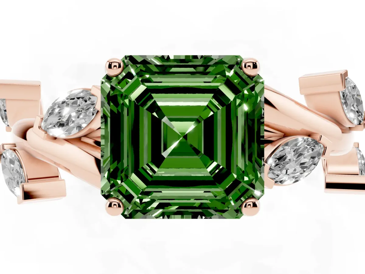 Fancy Green Asscher Cut Solitaire Twisted Band Marquise Accent Prong Setting Ring Rose gold