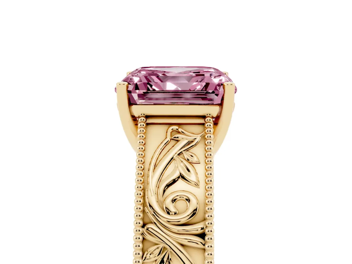 Fancy Pink Asscher Cut Diamond Solitaire Ring with Engraved Band and Four-Prong Setting Yellow gold