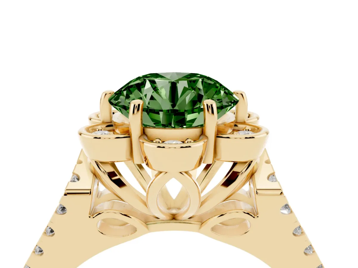 Fancy Green Round Cut Halo Diamond Floral Split Shank Engagement Ring Yellow gold
