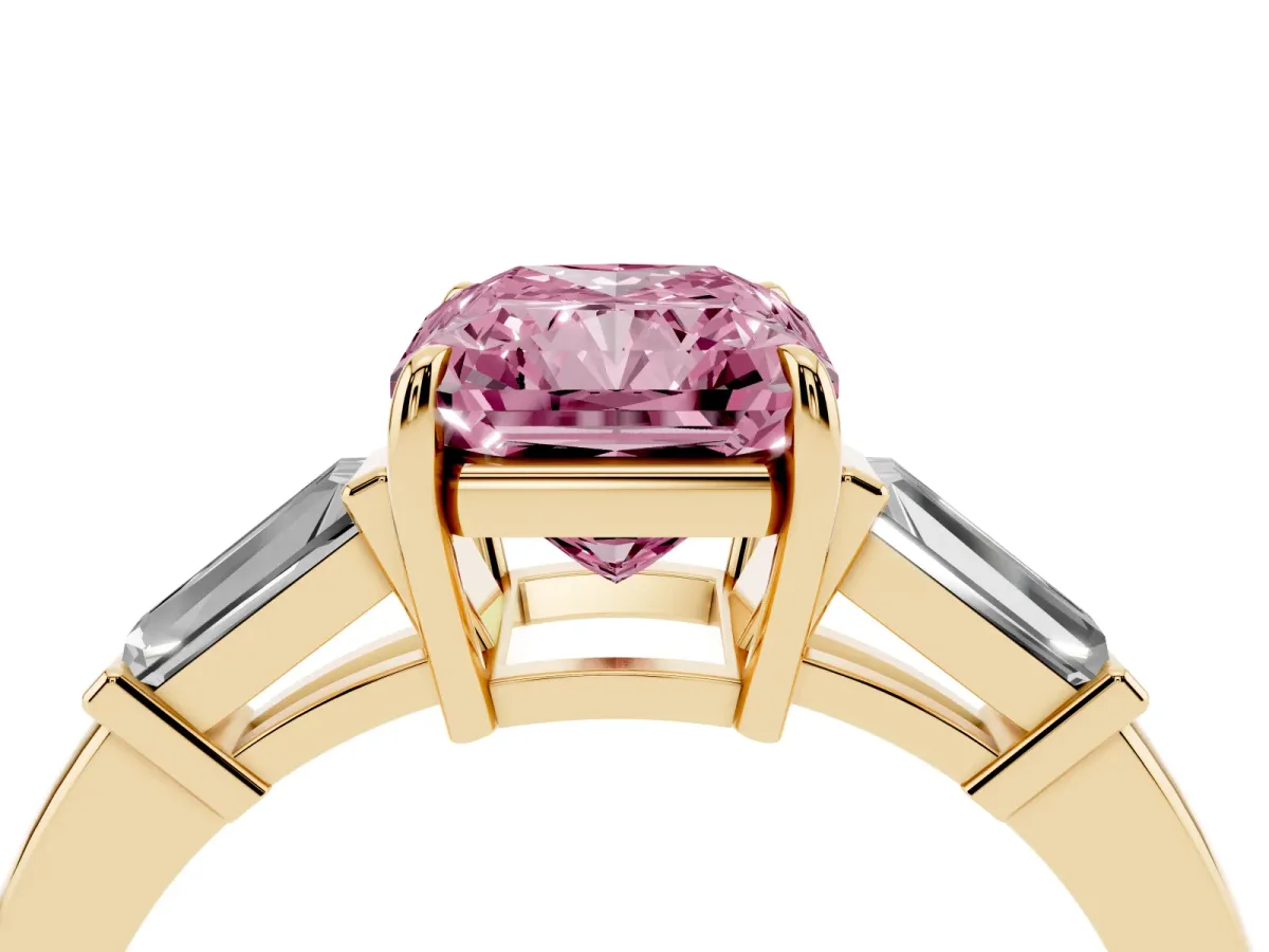 Fancy Pink Radiant Cut Diamond Three-Stone Ring with Tapered Baguette Side Stones and Prong Setting Yellow gold