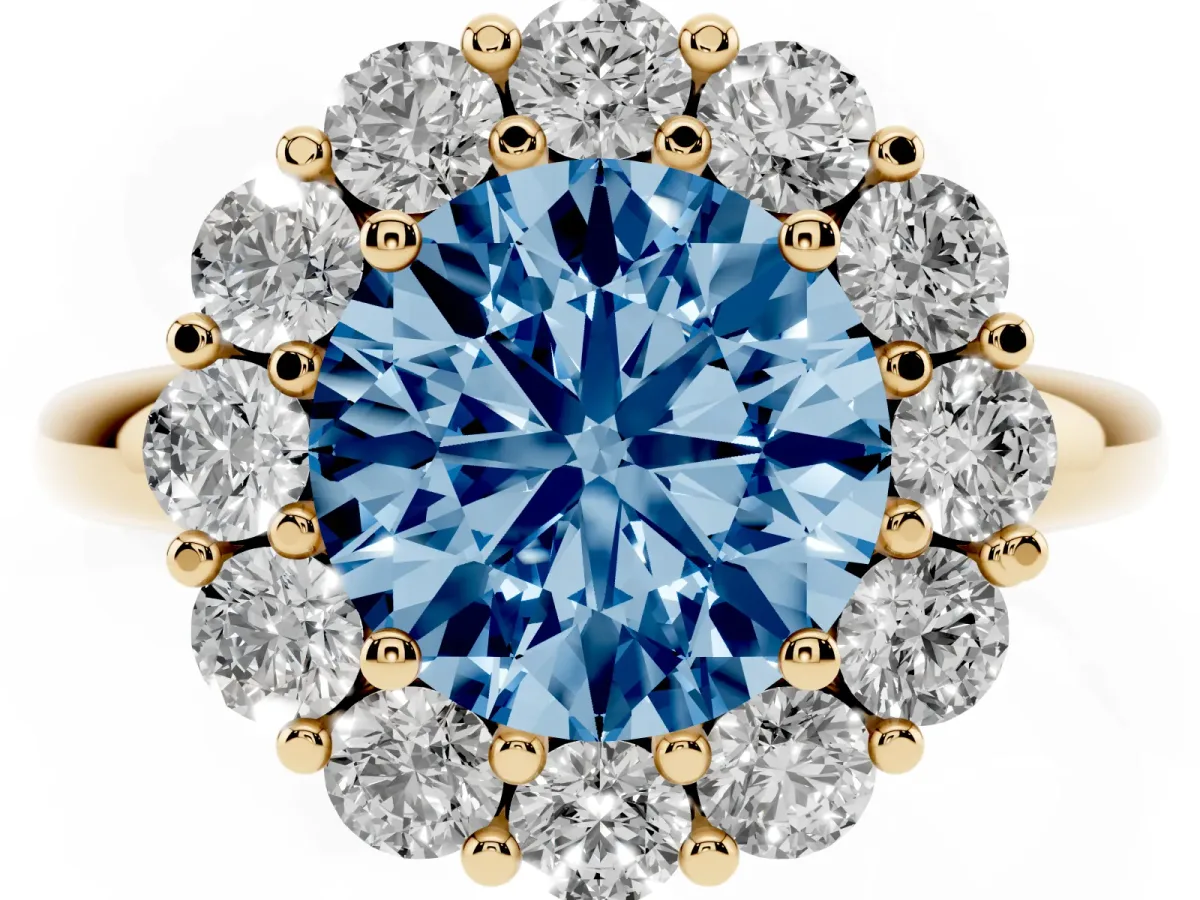 Fancy Blue Round Cut Halo Cluster Diamond Engagement Ring with Prong Setting and Polished Band Yellow gold