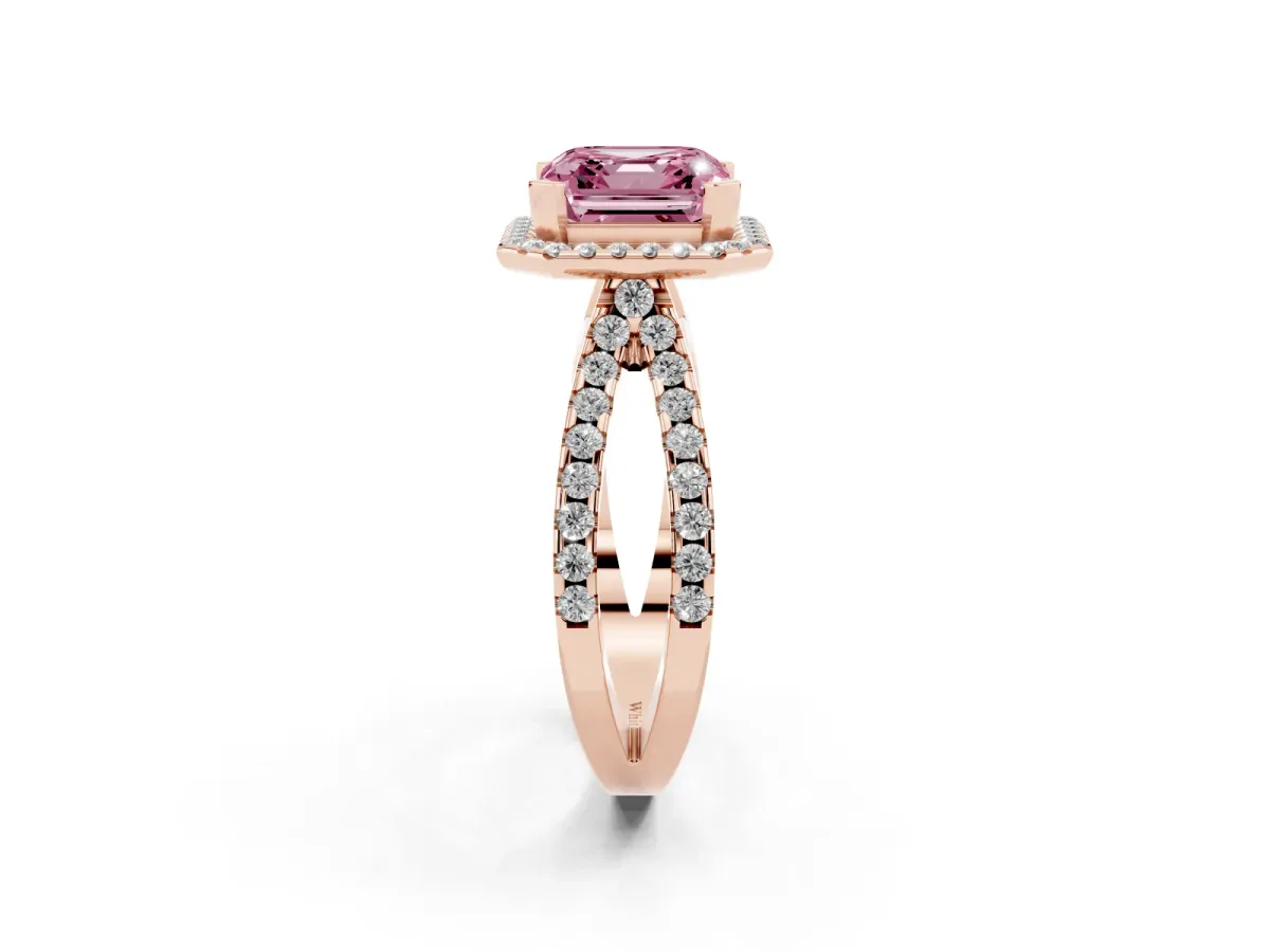 Fancy Pink Asscher Cut Diamond Halo Ring with Split Shank Pavé Band and Prong Setting Rose gold