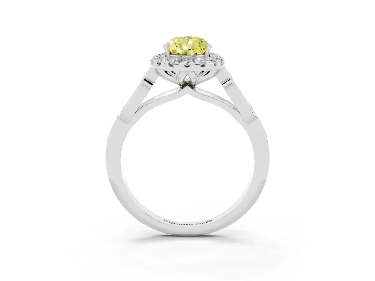 Fancy Yellow Pear Cut Halo Diamond Engagement Ring with Filigree Band and Four-Prong Setting White gold