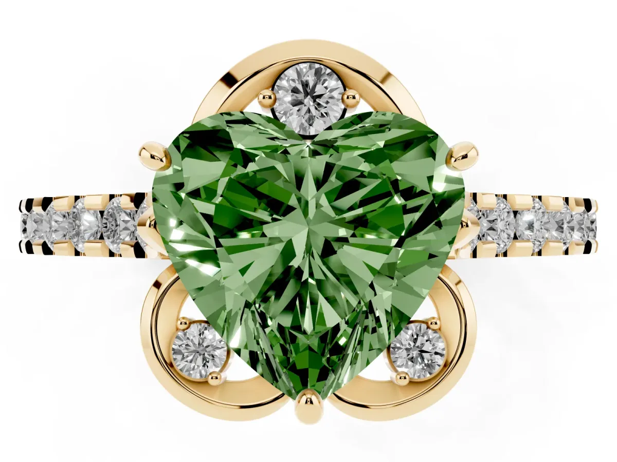 Fancy Green Heart Cut Diamond Ring with Pavé Band and Floral Prong Setting Yellow gold