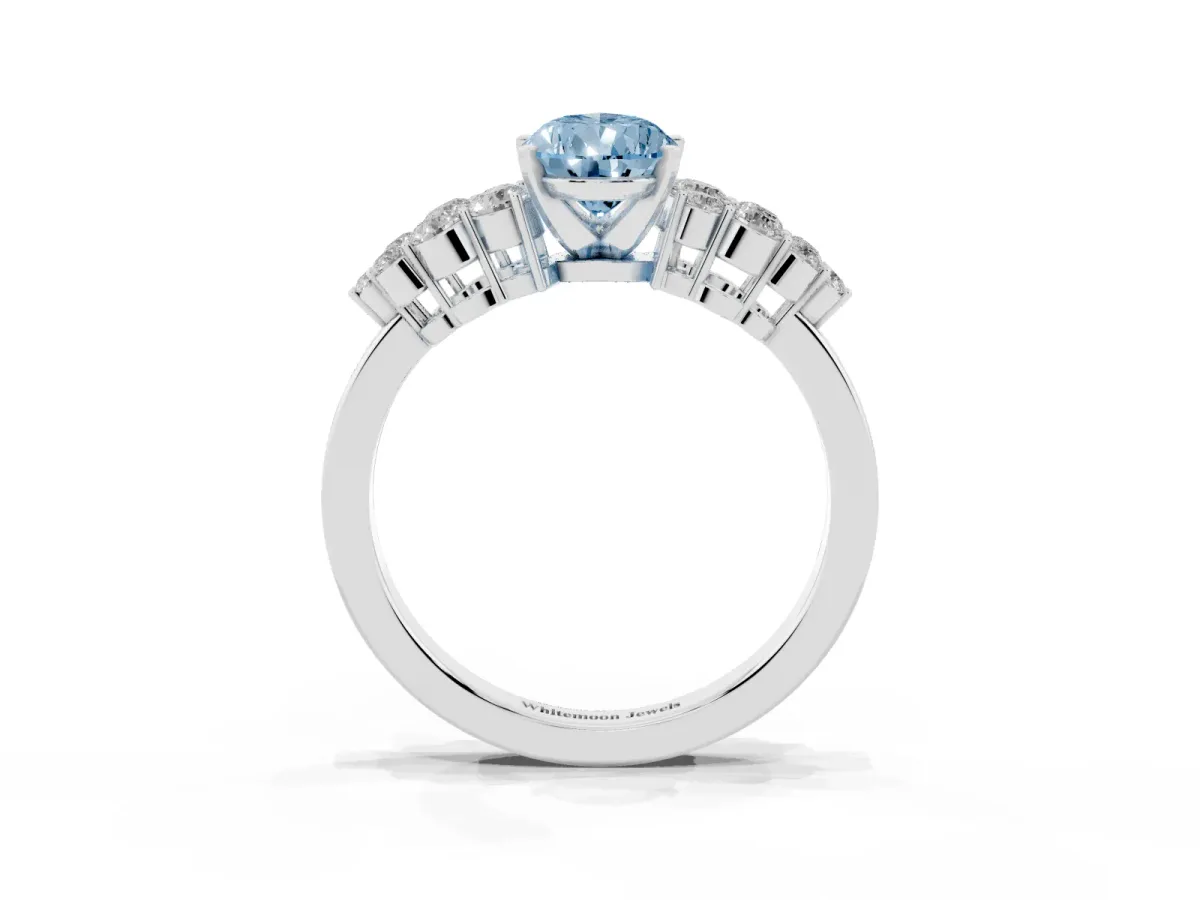 Fancy Blue Pear Cut Cluster Diamond Engagement Ring with Pavé Band and Four-Prong Setting Silver