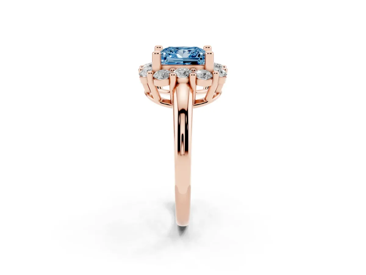 Fancy Blue Princess Cut Halo Cluster Diamond Engagement Ring with Prong Setting and Polished Band Rose gold
