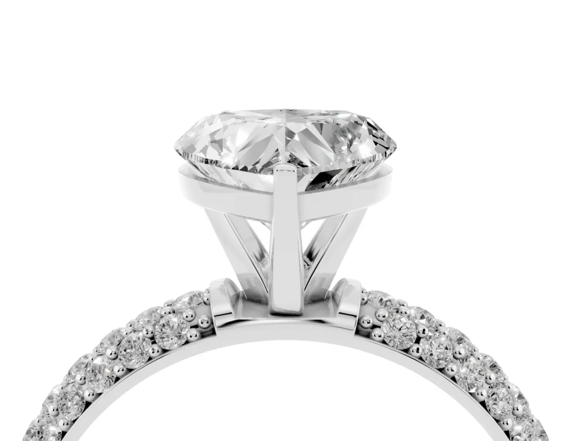 Heart Cut Diamond Solitaire Ring with Prong Setting and Pavé Band Silver