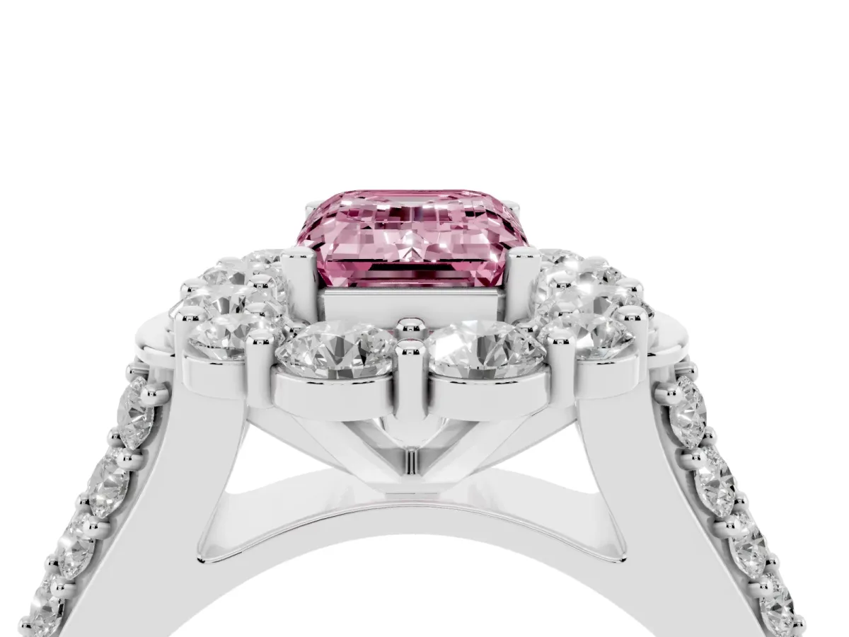 Fancy Pink Emerald Cut Halo Diamond Engagement Ring with Split Shank and Prong Setting Platinum