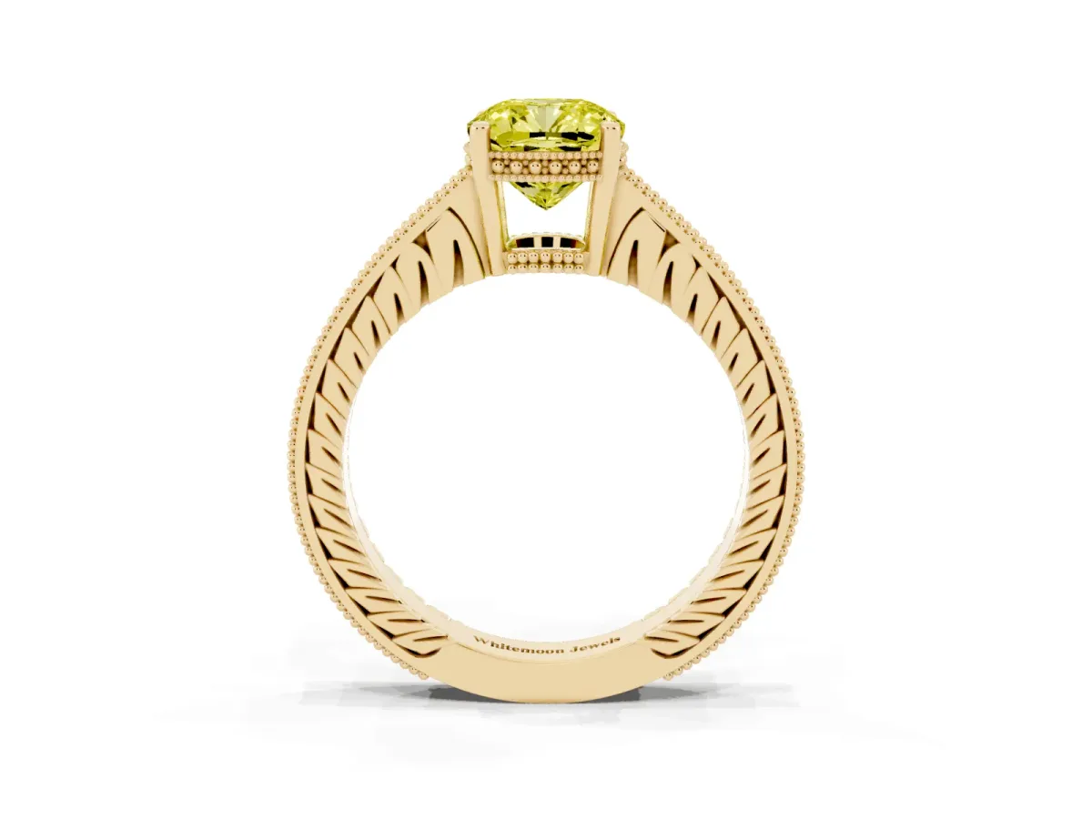 Fancy Yellow Cushion Cut Solitaire Pavé Diamond Milgrain Engagement Ring with Four-Prong Setting Yellow gold